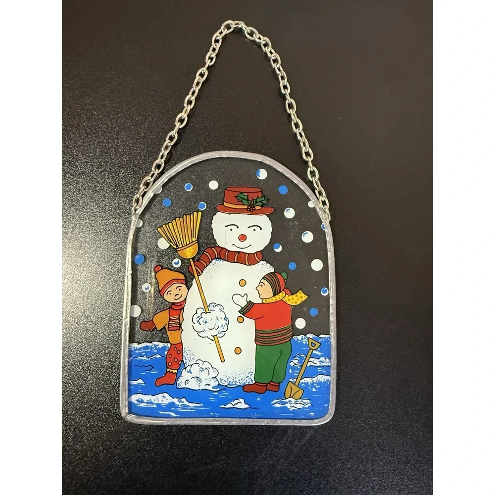 Vintage Holiday Snowman/Fireplace Metal/Glass Hanging Sun Catchers Set Of 2 - Picture 4 of 6